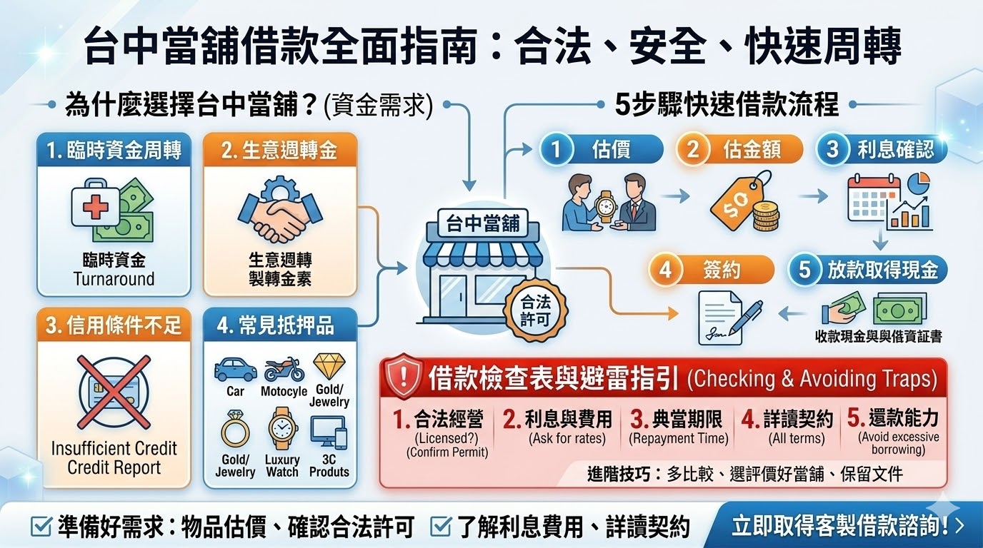 台中當舖是台中地區尋求短期資金周轉的合法融資管道，受《當舖業法》嚴格規範。當借款人急需現金時，只要提供具價值的典當物，如汽機車、黃金或名錶，即可透過專業估價快速取得資金。選擇合法的台中當舖，不僅流程簡便、放款迅速且不需看銀行信用紀錄，是現代人靈活調度財務的安全選擇。建議借款前務必確認台中當舖是否具備政府許可證，並詳細了解利息規範，以保障自身權益。