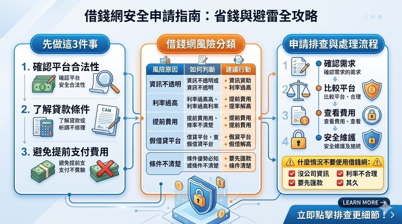 當您面臨資金周轉需求時，透過借錢網尋找管道是常見的選擇，但網路資訊複雜且潛藏風險。本文提供專業的「安全申請指南」，教您在行動前先做三件關鍵檢查：確認平台合法性、精算貸款條件並堅決拒絕提前支付費用。我們深入分析了借錢網常見的詐騙風險分類與逐步排查流程，從利率審核到合約閱讀應有盡有。無論是個人信貸還是汽車貸款，這份避雷全攻略都能助您在急用資金時保持理性，避開不透明的資訊陷阱，安全實現您的財務規劃。
