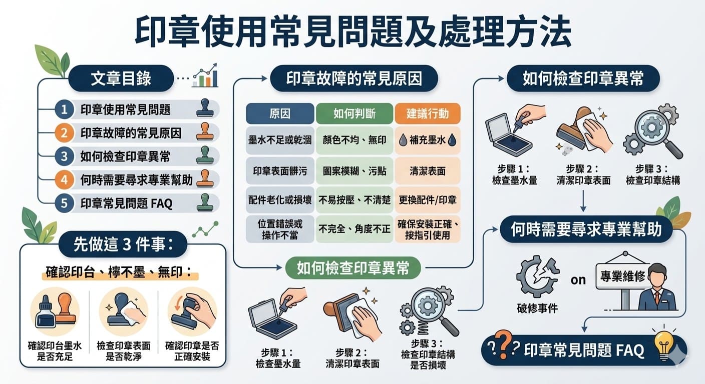 當印章出現問題時，常見的原因可能來自墨水不足、印章表面髒污或是印章本身損壞。這篇文章將指導你如何處理印章使用中的常見問題，包括如何檢查墨水、清潔印章以及如何判斷是否需要更換印章。無論是因為長期使用或操作不當，本文提供了詳細的排查步驟，讓你能夠快速找出原因並解決，讓印章再次順利使用。