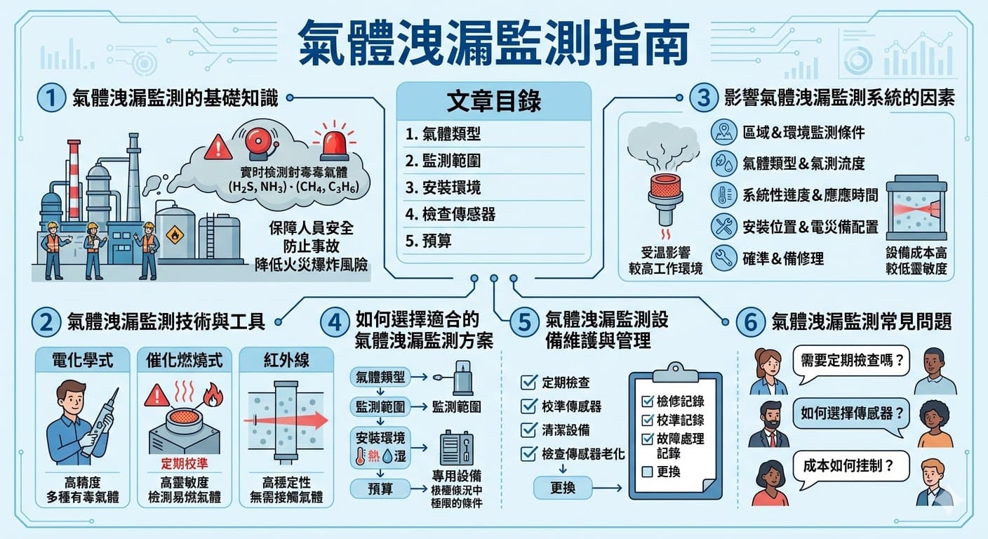 氣體洩漏監測是確保高風險工業環境安全的關鍵技術，能夠實時檢測有毒或易燃氣體的洩漏情況。本文深入探討了氣體洩漏監測系統的工作原理、各種技術與設備選擇，並提供如何選擇適合的監測方案。透過有效的氣體洩漏監測，可以大大降低意外事故的風險，保護員工的生命安全，對工業場所的風險管理至關重要。